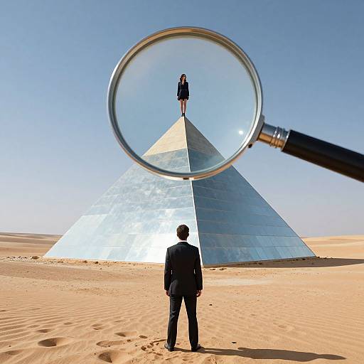 Photograph: Man in suit stands before giant metallic pyramid in desert, gazes through magnifying glass at a woman atop pyramid. Clear blue sky background