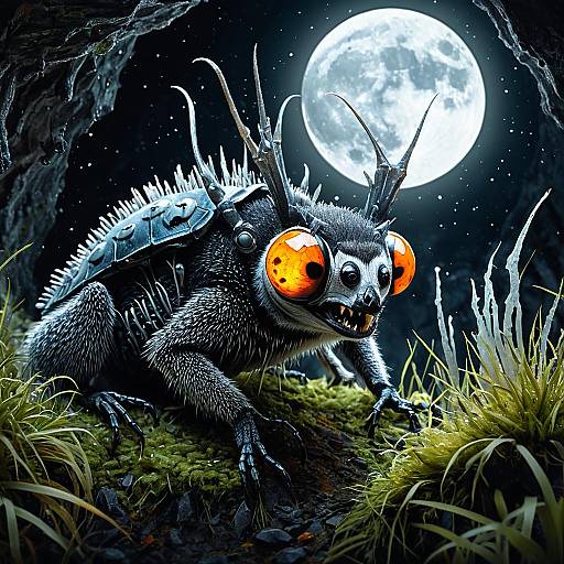 Crystalline Beetle with Glowing Eyes Under Full Moon