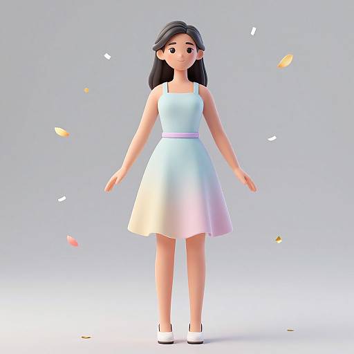 3D digital art of a smiling young woman with long black hair, wearing a light blue and pink gradient dress, white high heels, standing against a