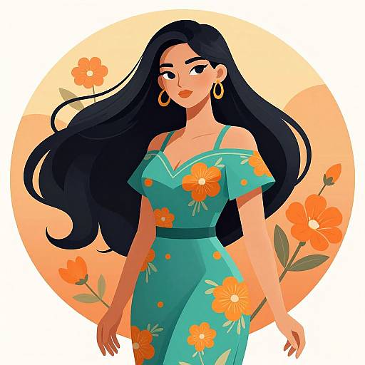 Digital illustration of a confident woman with long black hair, wearing a teal floral dress, gold hoop earrings, and orange flowers in background.