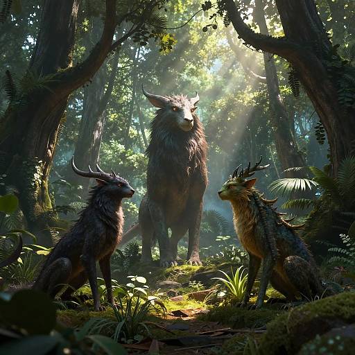 Photorealistic CGI forest scene with three mythical, antlered, furry creatures standing amidst sunlight-dappled trees and lush greenery, evoking