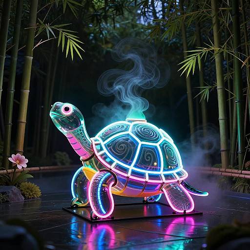 Neon-lit turtle sculpture with colorful, swirling patterns and smoke effects, standing on a dark path surrounded by bamboo trees at night.