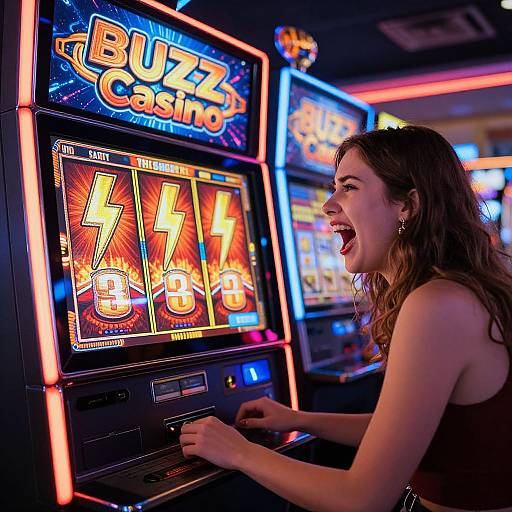 Photograph of a young woman with long brown hair, wearing a black tank top, excitedly playing a brightly lit 