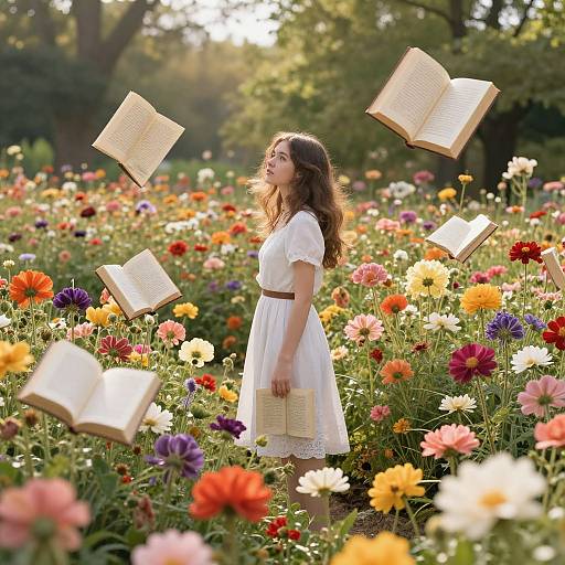 Photograph of a young woman with wavy brown hair, wearing a white dress, standing in a colorful flower field with floating open books, sunlight filtering