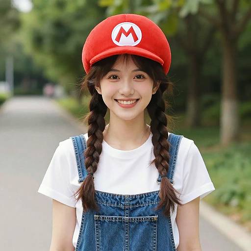 Photograph of a smiling young Asian girl with braided hair, wearing a red Mario hat, blue denim overalls, and white shirt, standing on