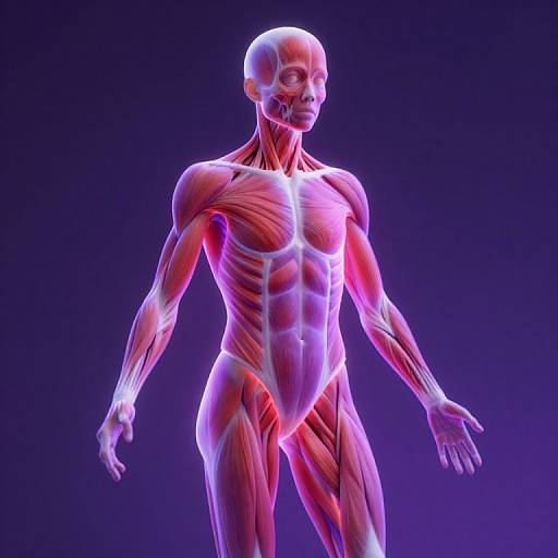 CGI digital illustration of a glowing, semi-transparent human male figure, showcasing detailed muscle anatomy against a dark purple background.
