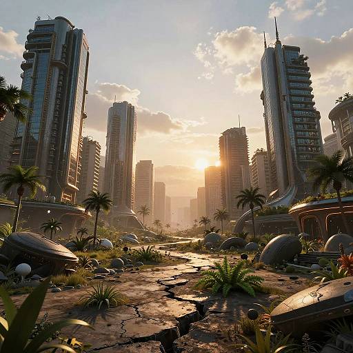 Photorealistic CGI of a post-apocalyptic cityscape at sunset. Tall, futuristic skyscrapers surround a cracked, overgrown, and debris-filled