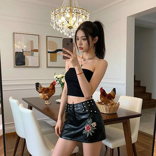 Chic Woman Taking Selfie in Modern Dining Room