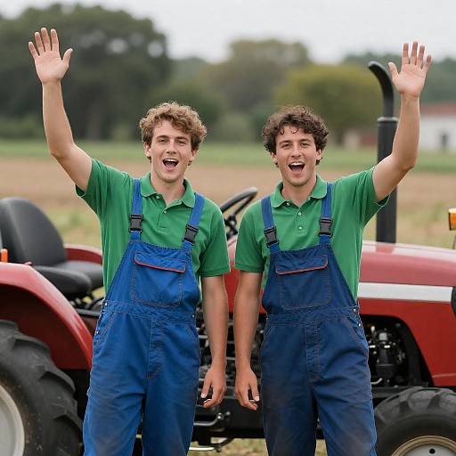 Two Farmers Waving Beside Red Tractor