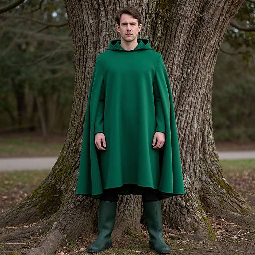 Man in Green Cloak by Tree