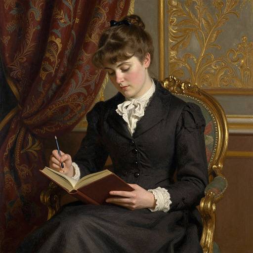 Victorian-era photograph of a young woman in black dress with white lace, writing in an open book on an ornate chair.