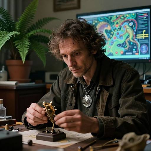 Photograph of a curly-haired, bearded man with a necklace, focused on painting a small golden figurine in a dimly lit room with a