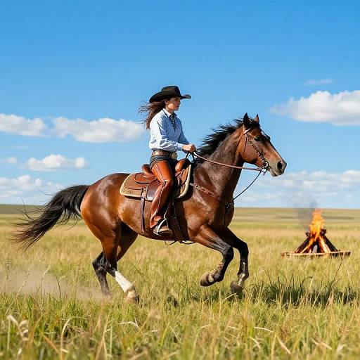 Photograph of a woman in a cowboy hat, white shirt, and brown pants riding a brown horse across a grassy field with a campfire in