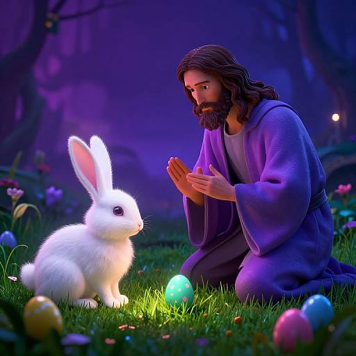 Jesus and Easter Bunny with Colorful Eggs
