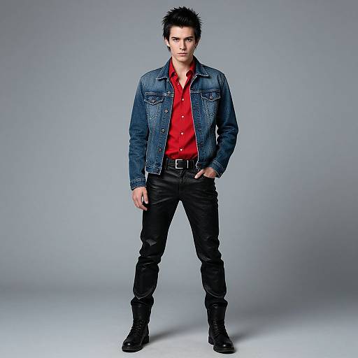 Photograph of a young, pale-skinned man with spiky black hair, wearing a red button-up shirt, blue denim jacket, black pants,
