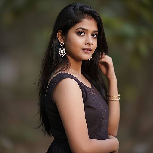 Photograph of a young Indian woman with long black hair, wearing a black dress, gold earrings, and bracelets, standing outdoors with a blurred green background