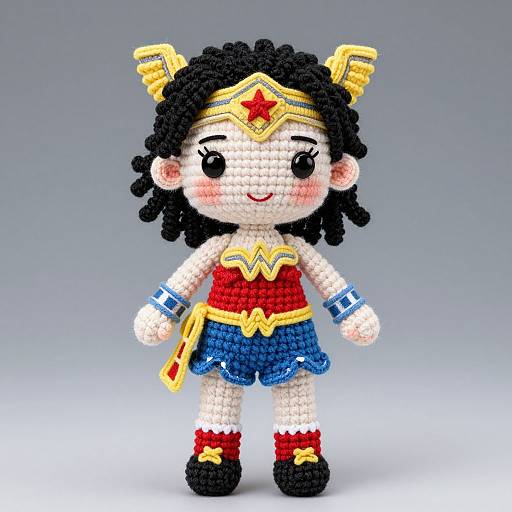 Colorful crochet Wonder Woman doll with black curly hair, red top, blue skirt, yellow headband, and red boots, against gray background.