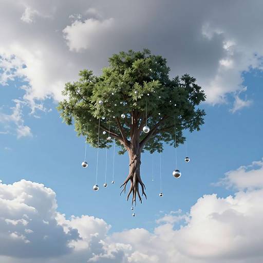 Digital artwork of a floating tree with green leaves, hanging white orbs, and exposed roots against a bright blue sky with fluffy clouds.