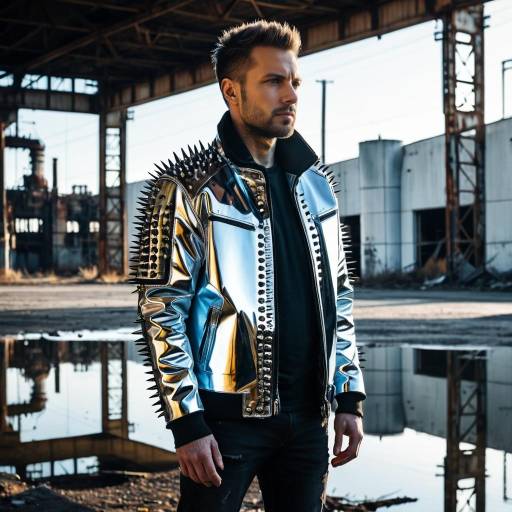 Man Wearing Silver Spike-studded Jacket in Industrial Setting
