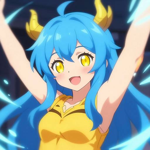 Digital anime-style drawing of a blue-haired girl with yellow horns, yellow eyes, and a yellow top, smiling with arms raised, surrounded by blue energy