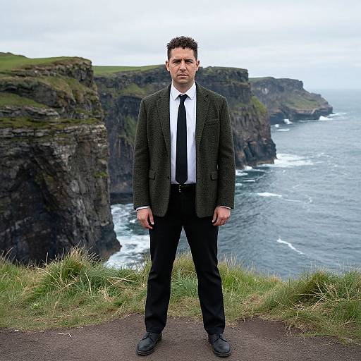 Serious Man on Grassy Cliff Edge