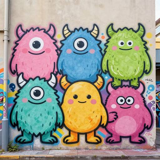 Vibrant graffiti mural of five cute, fluffy, horned monsters in pink, blue, green, teal, and orange, standing on a concrete