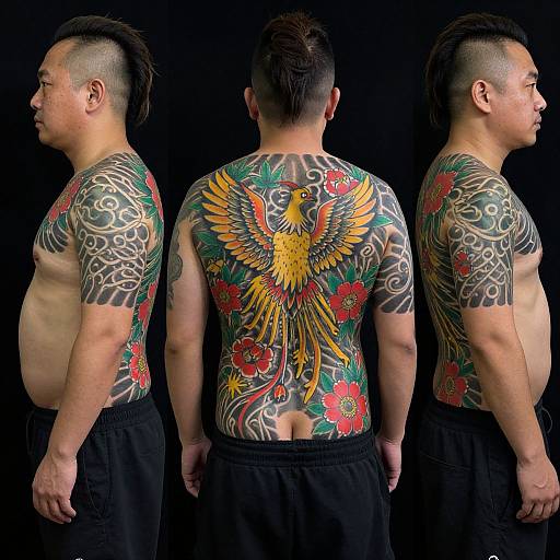 Photograph of three Asian men with tattooed backs, showing side, back, and front views, featuring a large, colorful phoenix on the back,