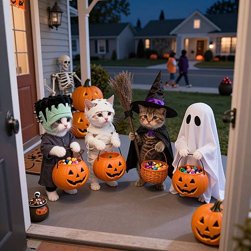 Photograph of four adorable cats dressed as Halloween characters (vampire, mummy, witch, ghost) holding pumpkin baskets, standing on a porch at