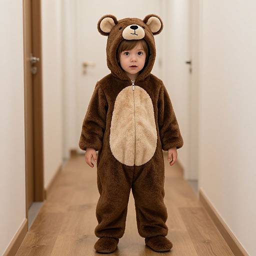 Photograph of a baby standing in a hallway, wearing a brown bear onesie with beige belly, black nose, and ears.