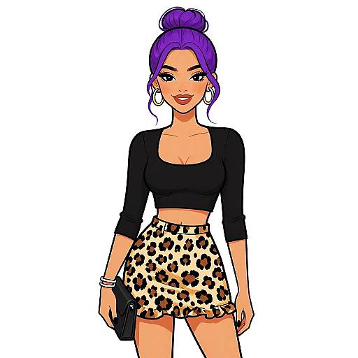 Digital illustration of a confident woman with purple hair in a bun, wearing a black crop top and leopard print skirt, holding a black clutch, white background