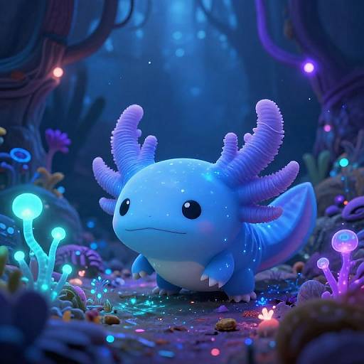 Digital artwork of a cute, blue, antlered, fish-like creature with large eyes in a glowing, bioluminescent forest, surrounded by