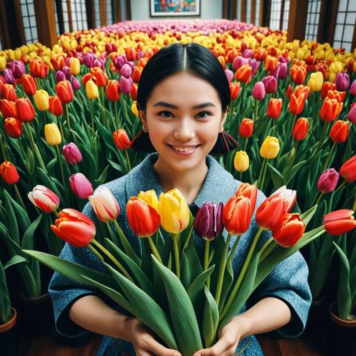 Young Japanese Woman Holding Colorful Tulips