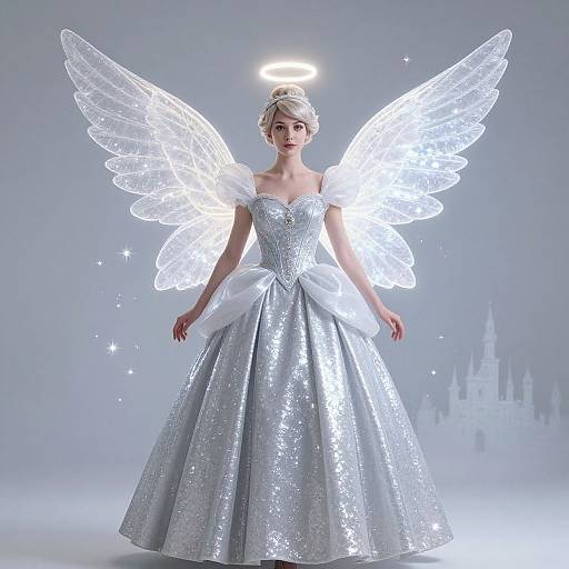 Photograph of a blonde woman in a sparkling silver ball gown with translucent angel wings, halo above head, ethereal castle background.