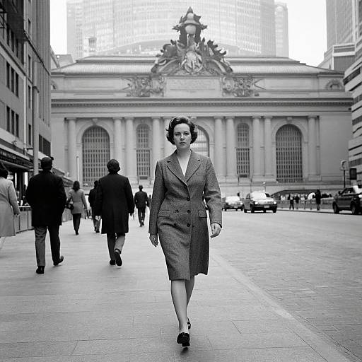 Black-and-white photograph of a 1950s-style woman in a plaid coat and short skirt walking confidently down a bustling city street, with historic