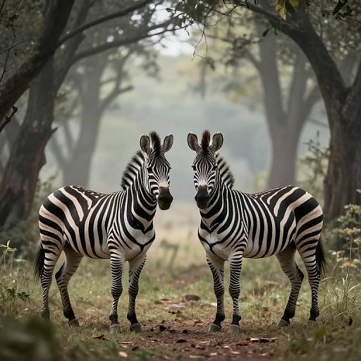 Photograph of two zebras with striking black-and-white stripes standing on a dirt path in a misty, tree-filled forest.