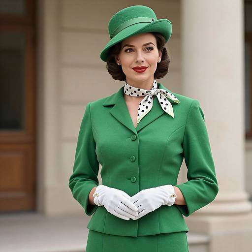 Photograph of a smiling woman in a vintage-style green suit, white polka dot scarf, green hat, and white gloves, standing outdoors.