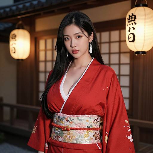 Photograph of an Asian woman with long black hair, wearing a red kimono with white floral patterns, white inner blouse, and gold obi,