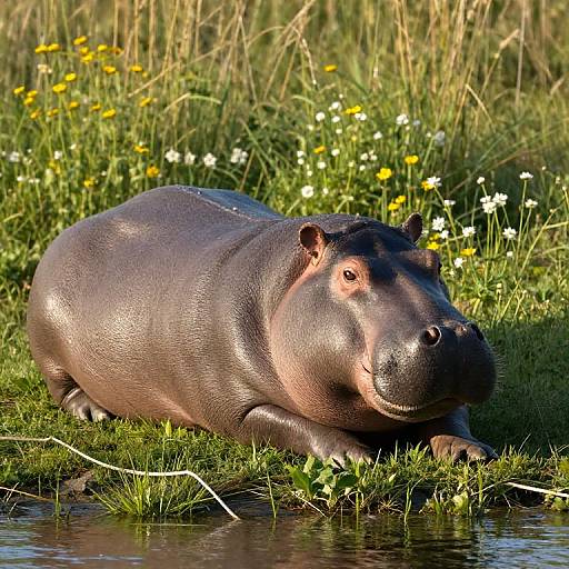 Photograph of a large, glossy, dark-gray hippo lying on grassy bank with yellow and white wildflowers, reflecting in shallow water.