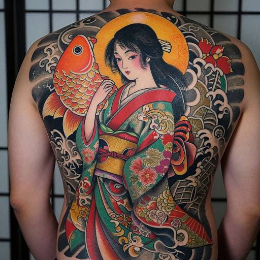 Tattooed back of a person featuring a colorful, traditional Japanese-style design of a woman holding a large goldfish, surrounded by waves and floral