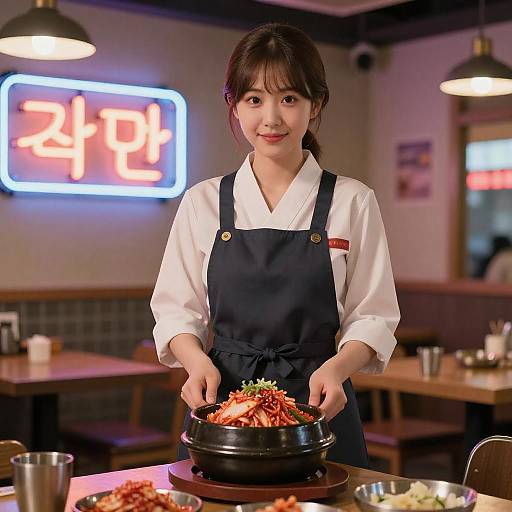 Photorealistic Korean Bistro Scene in Neon