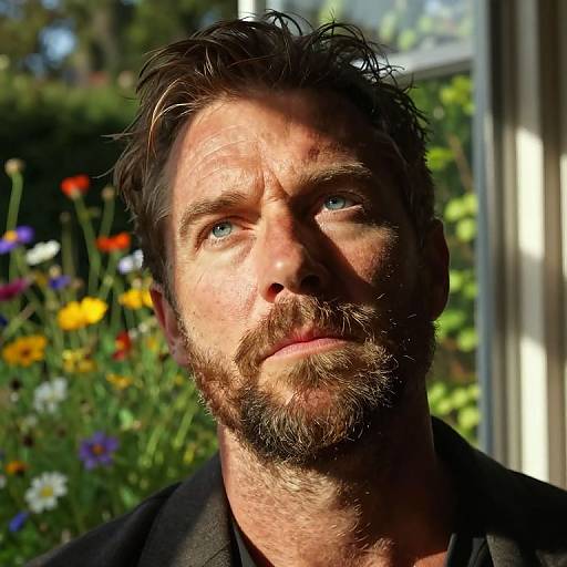 Close-up photograph of a rugged, bearded man with blue eyes, sunlit face, dark hair, black shirt, and colorful garden background.