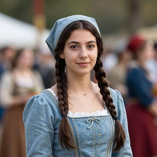 Photograph of a young woman with long brown braids, wearing a blue medieval-style dress and headscarf, standing outdoors with a blurred crowd in