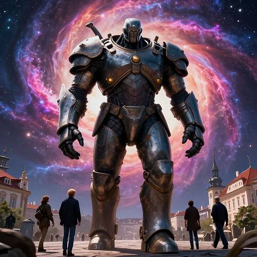 Photorealistic digital artwork of a towering, metallic, armored figure with glowing yellow eyes, standing in a European town square under a vibrant, swirling galaxy