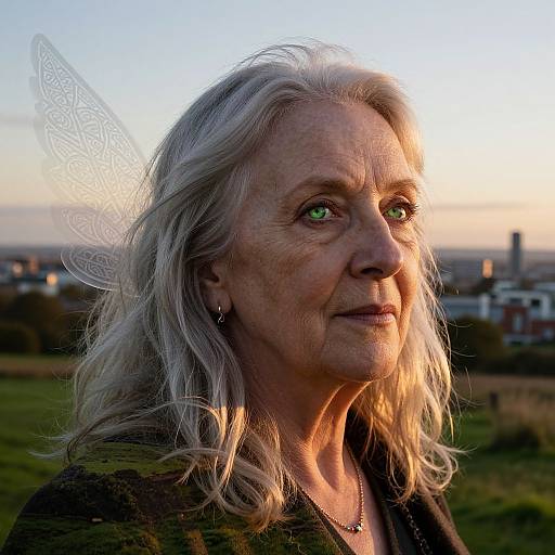 Photograph of an elderly woman with white hair, green eyes, fairy wings, and green jacket, standing outdoors at sunset, looking thoughtfully into the
