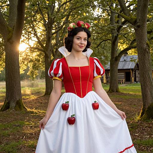 Photograph of a young woman in a red and white Snow White costume with red apples, standing in a sunlit forest.