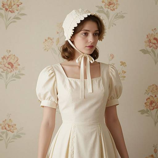 Photograph of a fair-skinned young woman with brown hair, wearing a cream-colored, puffed-sleeve dress and white floral headband,