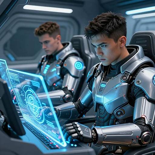 Two futuristic, silver-armored men in a sci-fi spaceship control room intensely focus on blue holographic screens, highlighting their high-tech, cybernetic