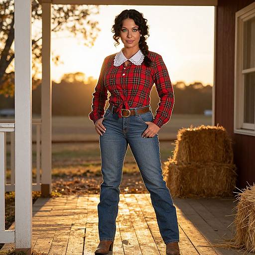 Photograph of a confident woman with curly black hair, wearing a red plaid shirt, white collar, blue jeans, and brown boots, standing in