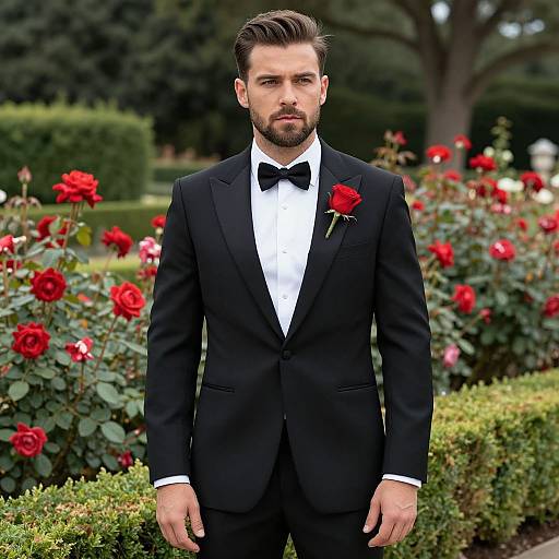Photograph of a handsome, bearded man with dark hair in a black tuxedo, black bow tie, and red rose boutonnière