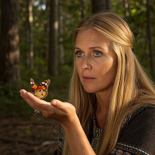 Photograph of a blonde woman with blue eyes, holding a colorful butterfly in a forest, sunlight filtering through trees.